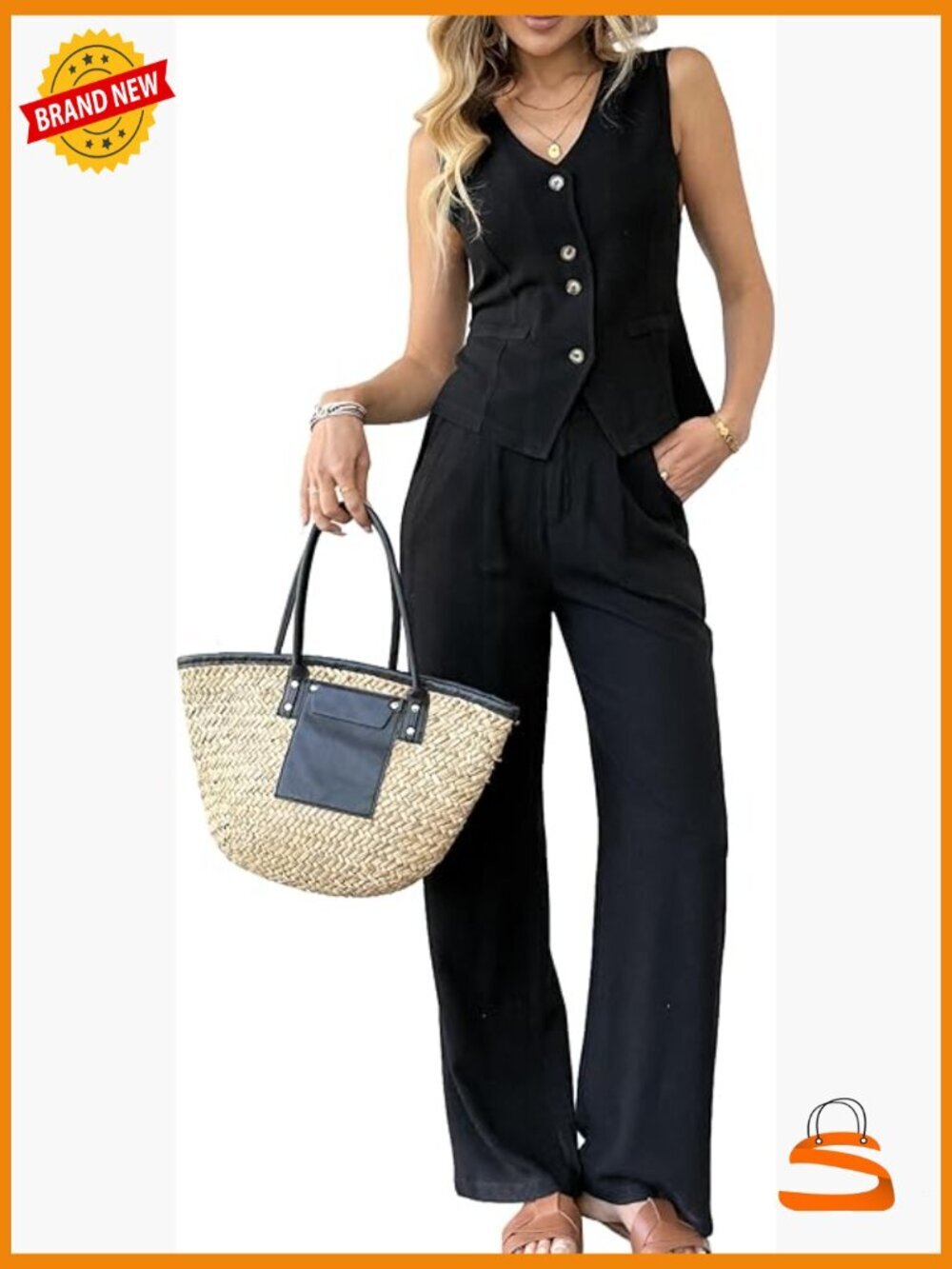 Women's 2 Piece Linen Vest Suit Set Summer Wide Leg Pants Outfit